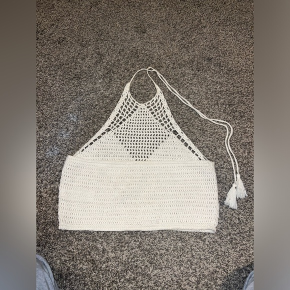 Forever 21 Cream Off White Crochet Knit Halter Cropped Top Large - Picture 4 of 8